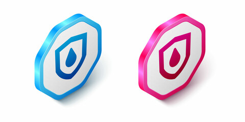 Isometric Oil drop on shield icon isolated on white background. Hexagon button. Vector