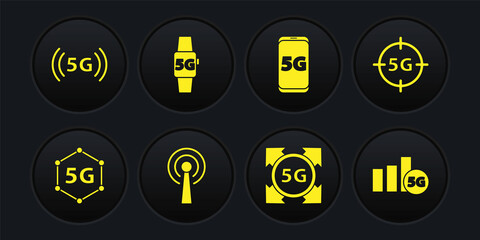 Set 5G network, Antenna, Mobile with, Smart watch, and icon. Vector