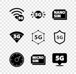 Set 5G network, Nano Sim Card, Digital speed meter, Micro, Location, and icon. Vector