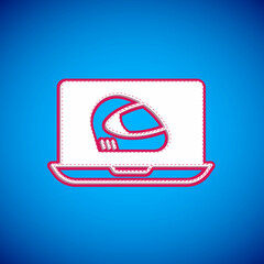 White Racing helmet icon isolated on blue background. Extreme sport. Sport equipment. Vector