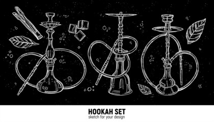 Hand-drawn hookah set. Tobacco leaves, various hookahs, coal tongs, coal. Sketches for decoration of premises, menus, advertising, for prints on clothes and for design of leaflets - obrazy, fototapety, plakaty
