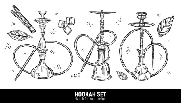 Hand-drawn hookah set. Tobacco leaves, various hookahs, coal tongs, coal. Sketches for decoration of premises, menus, advertising, for prints on clothes and for design of leaflets
