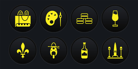 Set Fleur De Lys, Wine glass, Scooter, Bottles of wine, Macaron cookie, Paint brush with palette, Place La Concorde and French baguette bread icon. Vector