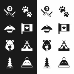 Set Flag of Canada, Christmas sweater, Curling sport game, Paw print, Beaver animal, Indian teepee wigwam, Beanie hat and Canadian spruce icon. Vector