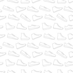 Sneakers shoes vector background seamless repeating pattern. Men and women sport footwear. Thin line style. Editable template.