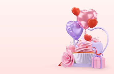 Happy Valentines day decoration. 3d render vector objects. Cupcake, gift box, rose flower, balloon, heart