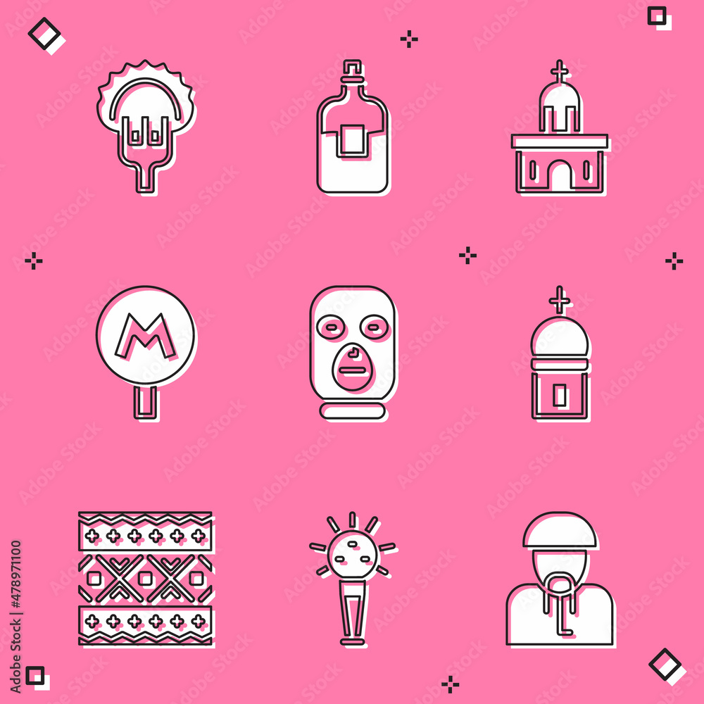 Wall mural Set Dumplings on fork, Bottle of vodka, Church building, Metro Underground, Thief mask, tower, Ukrainian ethnic pattern and Mace icon. Vector