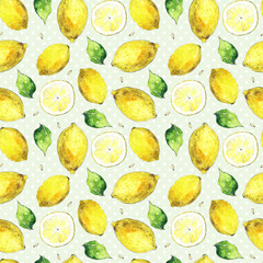 Seamless lemon pattern, Fruit background, Textile design, Citrus repeat print, watercolor lemon ornament, Fruit seamless wallpaper, Tropical fruit pattern, Yellow background, Surface texture design