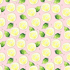 Seamless lemon pattern, Fruit background, Textile design, Citrus repeat print, watercolor lemon ornament, Fruit seamless wallpaper, Tropical fruit pattern, Yellow background, Surface texture design