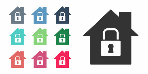 Black House under protection icon isolated on white background. Home and lock. Protection, safety, security, protect, defense concept. Set icons colorful. Vector
