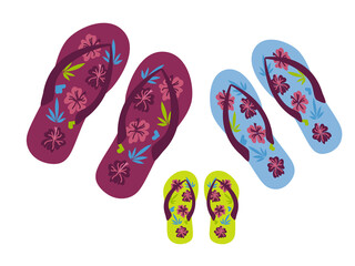  Hawaiian colors beach slippers family set, floral print, hand drawn vector illustration