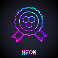 Obraz premium Glowing neon line Honey award icon isolated on black background. Honey medal. Vector