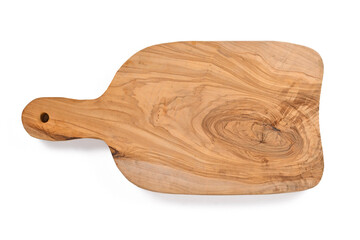Top view of cutting board made from olive tree wood on white background