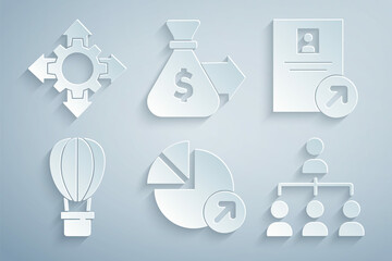 Set Financial growth, Job promotion, Hot air balloon, Hierarchy organogram chart, Money bag and Project team base icon. Vector