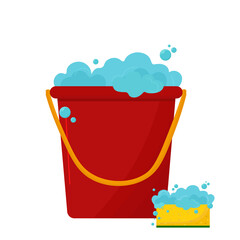 Vector illustration of a red bucket with foam and a yellow sponge. For cleaning. Flat illustration of home cleaning tools. - obrazy, fototapety, plakaty