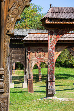 Vintage traditional etnograhical wooden szekely gates from transylvania. "Anno 1818. With the help of god Gergely Janos and his wife Laszlo Susana built this gate"