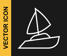 White line Yacht sailboat or sailing ship icon isolated on black background. Sail boat marine cruise travel. Vector