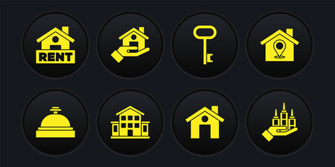 Set Hotel service bell, Location with house, House, key, Realtor, Skyscraper and Hanging sign Rent icon. Vector