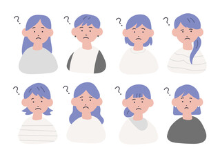 手描き風の女性たちのイラストセット（疑問）