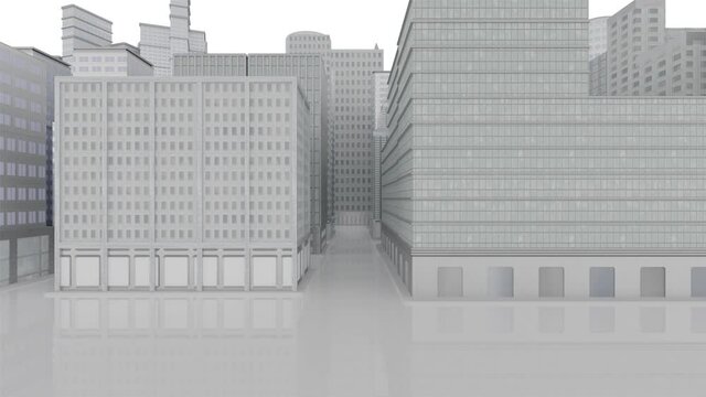Filmato. Illustrazione 3D. Avvicinamento a citt&agrave; moderna su sfondo bianco e percorso tra le sue strade tra case, palazzi e grattacieli..