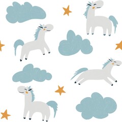 Seamless pattern with pony, horse, clouds and stars. Hand drawn clipart. Magic Pony. White background