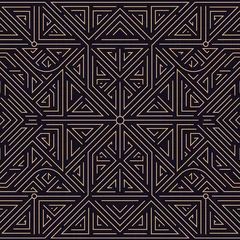 Foto op Plexiglas Zwart goud Vector art deco goud zwart naadloos patroon. Geometrische lijn vintage motief. Elegant luxe ontwerp voor behangafdruk, verpakking, inpakpapier, pakket, huwelijkscadeau