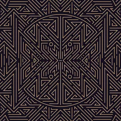 Foto op Plexiglas Zwart goud Vector art deco goud zwart naadloos patroon. Geometrische lijn vintage motief. Elegant luxe ontwerp voor behangafdruk, verpakking, inpakpapier, pakket, huwelijkscadeau