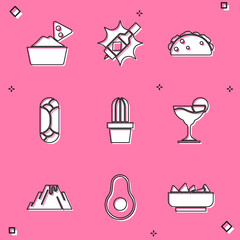 Set Nachos in bowl, Tabasco sauce, Taco with tortilla, Burrito, Cactus succulent pot, Margarita cocktail, Volcano eruption lava and Avocado fruit icon. Vector