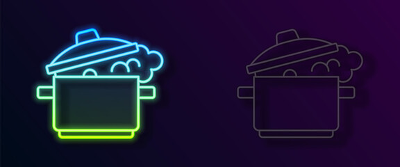 Glowing neon line Cooking pot icon isolated on black background. Boil or stew food symbol. Vector