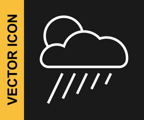 White line Cloud with rain and sun icon isolated on black background. Rain cloud precipitation with rain drops. Vector