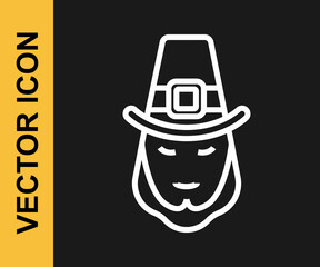 White line Leprechaun icon isolated on black background. Happy Saint Patricks day. National Irish holiday. Vector