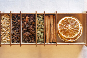 set of spices for mulled wine in a wooden box