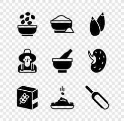 Set Seeds in bowl, Flour, pack, Scoop flour, Farmer the hat and Mortar and pestle icon. Vector