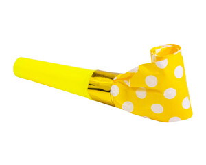 Party blowout noisemaker yellow color dots horn isolated on the white background - obrazy, fototapety, plakaty