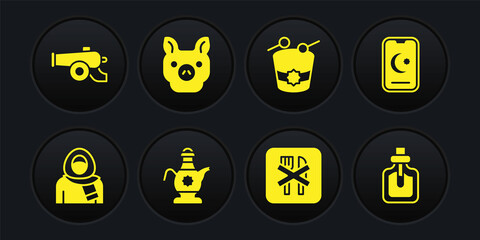 Set Muslim woman in hijab, Star and crescent, Islamic teapot, Ramadan fasting, drum, Pig, Perfume and cannon icon. Vector