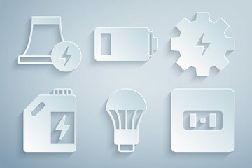 Set LED light bulb, Gear and lightning, Eco fuel canister, Electrical outlet, Battery and Nuclear power plant icon. Vector