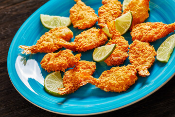 Crispy Fried Butterfly Shrimp on a blue plate