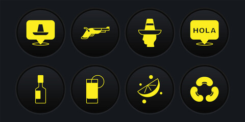 Set Tabasco sauce, Hola, Tequila glass with lemon, Sliced lime, Mexican man sombrero, Vintage pistols, Beans and icon. Vector © vector_v