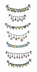 Set of flag garlands doodle vector illustration. Colorful hand drawn holiday party festive festoon bunting decor element. Happy Birthday decoration hanging banners. Star and heart carnival hangings.