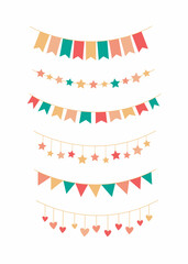 Fototapeta premium Colorful bright flag garland set flat style vector illustration. Triangle shape festoon banners, stars and hearts hanging decorations. Party decor elements, happy birthday anniversary celebration.