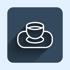 White line Soy sauce in bowl icon isolated with long shadow background. Blue square button. Vector