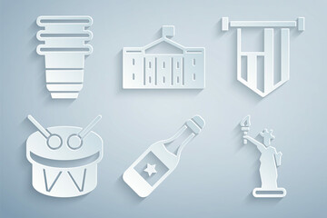 Set Champagne bottle, American flag, Drum and drum sticks, Statue of Liberty, United States Capitol Congress and Paper glass icon. Vector