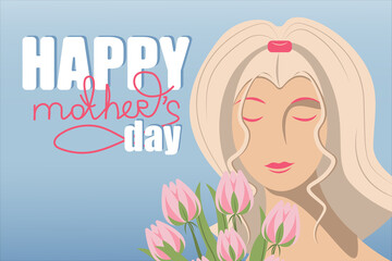 Greeting card for mother's day. Vector illustration, postcards with a girl and flowers in hands, women's holiday