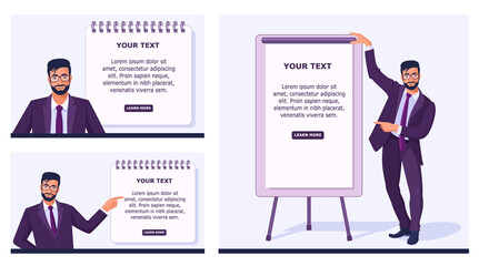 A man Indian businessman in a suit points with his hand to an empty space to insert text. A man against the background of a sheet from a notebook and a board for presentations. Set of illustrations.