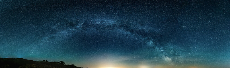 Amazing Panoramic Landscape view of Milky way over Night sky