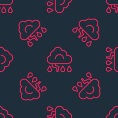 Red line Storm icon isolated seamless pattern on black background. Cloud and lightning sign. Weather icon of storm. Vector