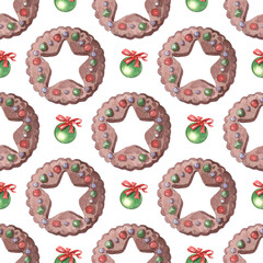 Christmas Watercolor Seamless Pattern with Christmas Gingerbread, seamless pattern for the background.