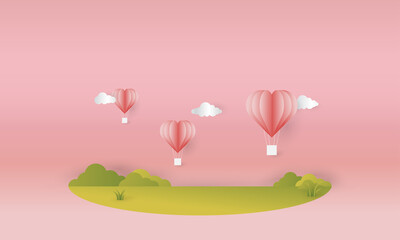 Fototapeta na wymiar Valentine's themed background with paper cut style, with ornaments of hearts, hot air balloons, and clouds