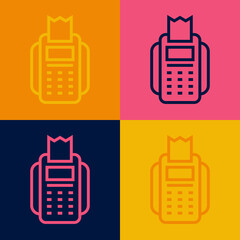 Pop art line POS terminal with inserted credit card and printed reciept icon isolated on color background. NFC payment concept. Vector