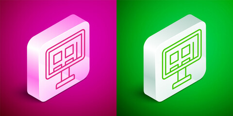 Isometric line Online shopping on screen icon isolated on pink and green background. Concept e-commerce, e-business, online business marketing. Silver square button. Vector